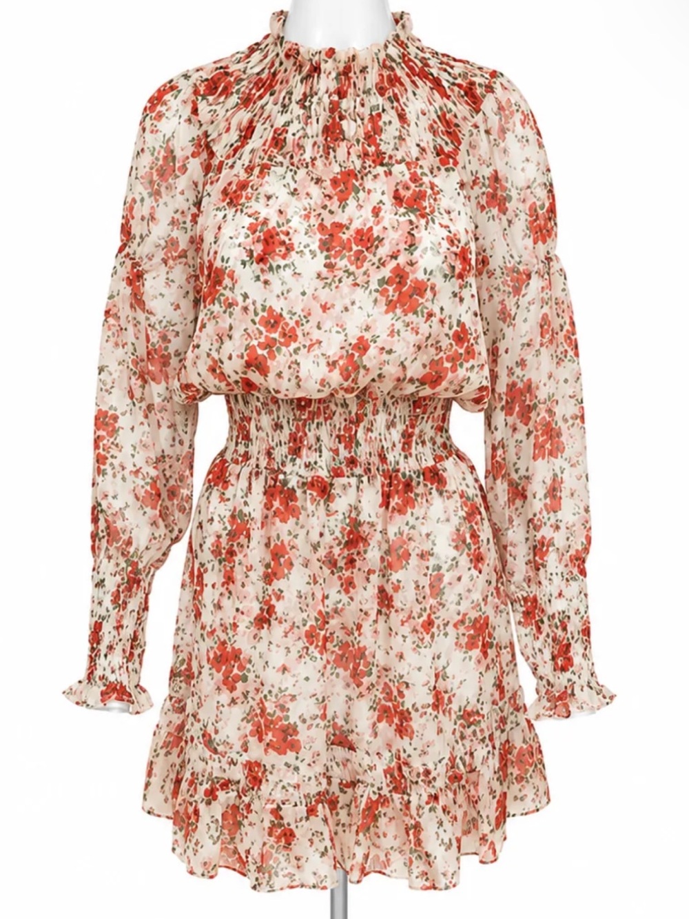 Misa Los Angeles Pink Floral Cinched Waist Long Sleeved Cocktail Dress